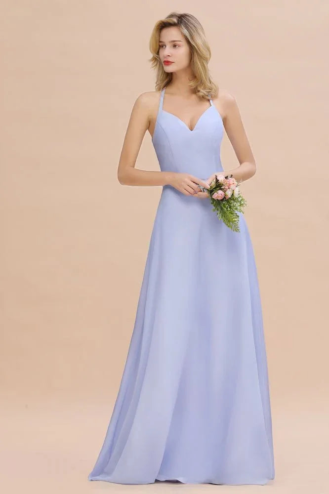 Vestido de Dama de Honra Elegante, Sem Mangas, com Decote em V e Alças, Comprimento até ao Chão, Corte em A