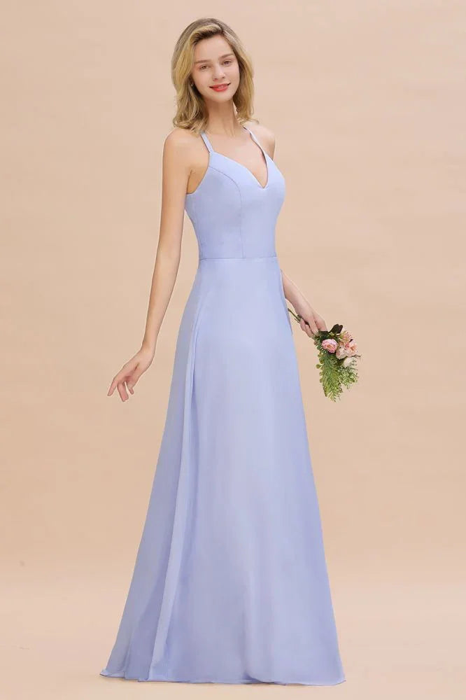 Vestido de Dama de Honra Elegante, Sem Mangas, com Decote em V e Alças, Comprimento até ao Chão, Corte em A