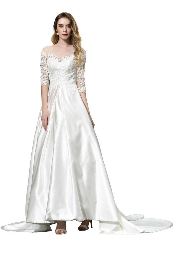 Elegante vestido de novia de satén con apliques de encaje, media manga y corte en A, largo hasta el suelo.