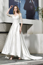 Elegante vestido de novia de satén con apliques de encaje, media manga y corte en A, largo hasta el suelo.