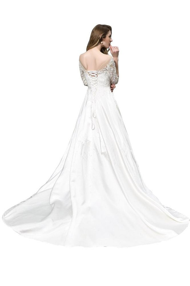 Elegante vestido de novia de satén con apliques de encaje, media manga y corte en A, largo hasta el suelo.