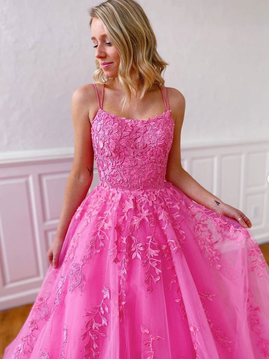 Stylish Long A-line Strapless Spaghetti Straps Tulle Lace Backless Formal Graduation Prom Dresses