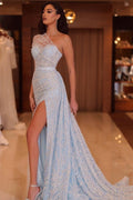 Robe de bal longue bleue élégante à une épaule avec perles et dentelle, fendue