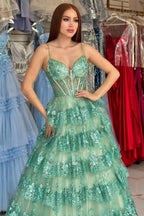 Elegante abito lungo verde a linea ad A con spalline sottili, paillettes e pizzo per ballo di fine anno