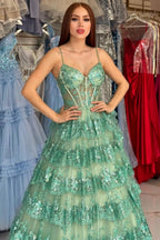Elegante abito lungo verde a linea ad A con spalline sottili, paillettes e pizzo per ballo di fine anno