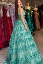 Elegante abito lungo verde a linea ad A con spalline sottili, paillettes e pizzo per ballo di fine anno