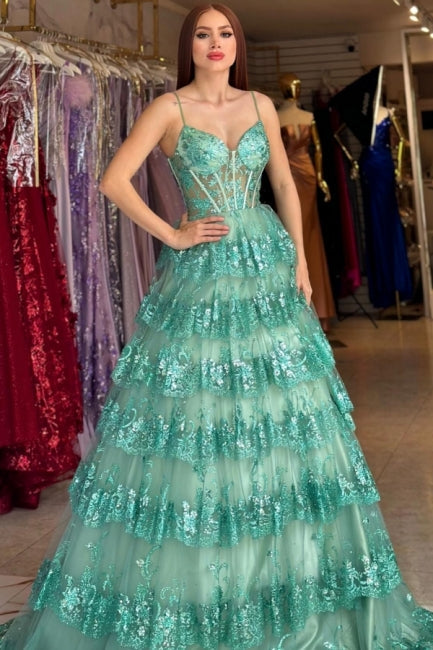 Elegante abito lungo verde a linea ad A con spalline sottili, paillettes e pizzo per ballo di fine anno