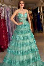 Elegante abito lungo verde a linea ad A con spalline sottili, paillettes e pizzo per ballo di fine anno
