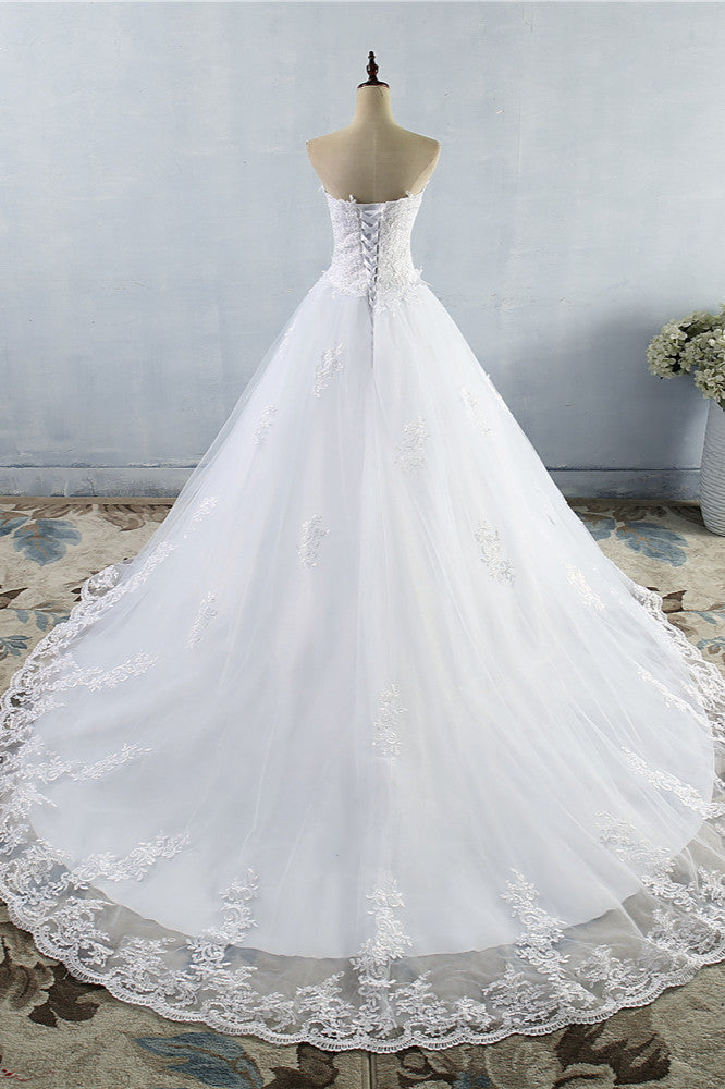 Vestido de noiva sem alças com decote em coração e aplicações de renda nas costas