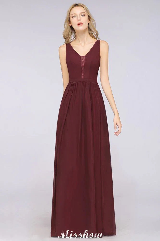 Stilvolles Abend-Maxikleid mit V-Ausschnitt, A-Linie, Chiffon, ärmellos, Brautjungfernkleid, Burgunderrot