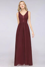 Stilvolles Abend-Maxikleid mit V-Ausschnitt, A-Linie, Chiffon, ärmellos, Brautjungfernkleid, Burgunderrot
