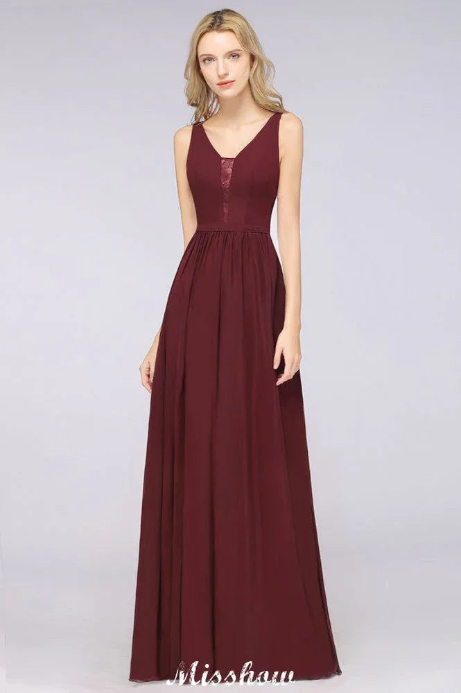 Stilvolles Abend-Maxikleid mit V-Ausschnitt, A-Linie, Chiffon, ärmellos, Brautjungfernkleid, Burgunderrot