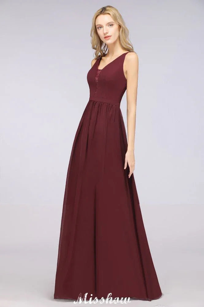 Stilvolles Abend-Maxikleid mit V-Ausschnitt, A-Linie, Chiffon, ärmellos, Brautjungfernkleid, Burgunderrot