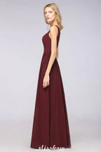 Stilvolles Abend-Maxikleid mit V-Ausschnitt, A-Linie, Chiffon, ärmellos, Brautjungfernkleid, Burgunderrot