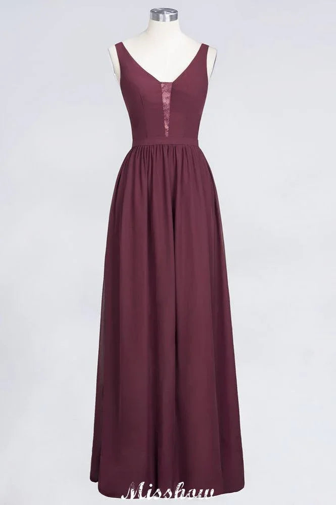 Stilvolles Abend-Maxikleid mit V-Ausschnitt, A-Linie, Chiffon, ärmellos, Brautjungfernkleid, Burgunderrot