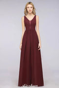 Stilvolles Abend-Maxikleid mit V-Ausschnitt, A-Linie, Chiffon, ärmellos, Brautjungfernkleid, Burgunderrot
