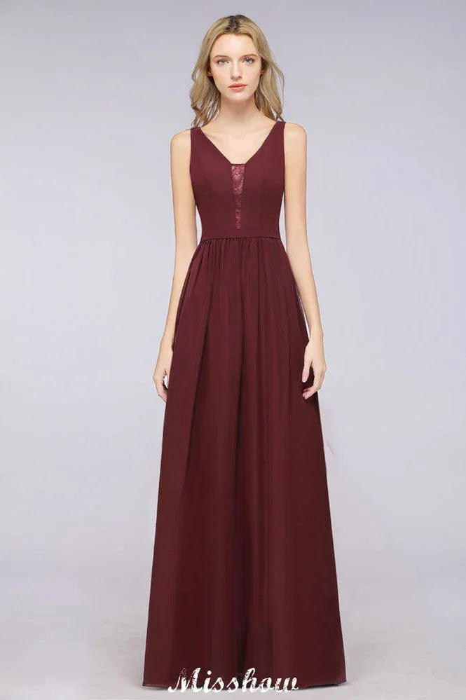 Stilvolles Abend-Maxikleid mit V-Ausschnitt, A-Linie, Chiffon, ärmellos, Brautjungfernkleid, Burgunderrot