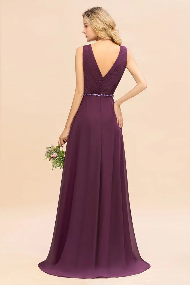 Vestido de Festa Elegante com Decote em V, Corte Assimétrico, Linha A, Bordado com Contas, em Chiffon, para Damas de Honra
