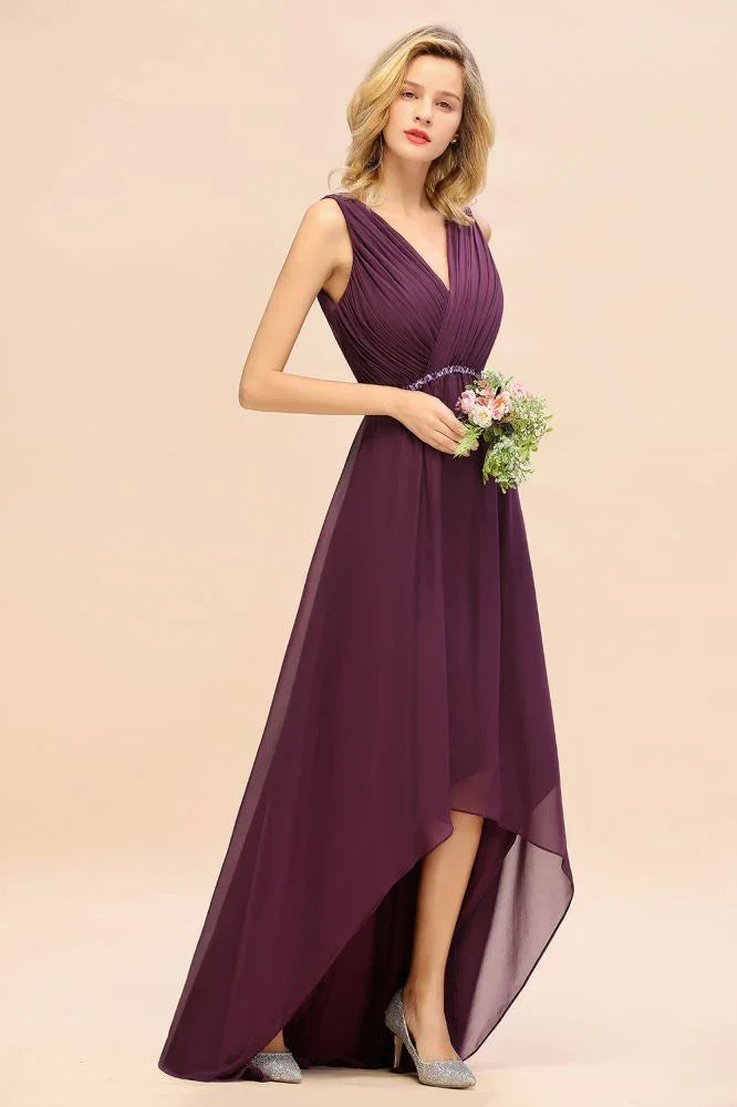 Vestido de Festa Elegante com Decote em V, Corte Assimétrico, Linha A, Bordado com Contas, em Chiffon, para Damas de Honra