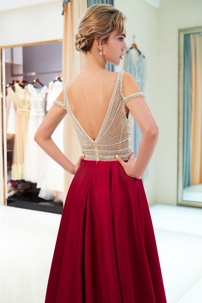 Stylish V-neck Sleeveless Burgundy Crystal Beading A-line Evening Dress