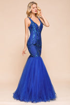 Robe de bal sirène scintillante à paillettes, col en V élégant, sans manches, longue jusqu'au sol avec volants, robe de soirée