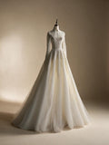 Luxury Sequin Pearl Long Sleeve Ball Gown Wedding Dress