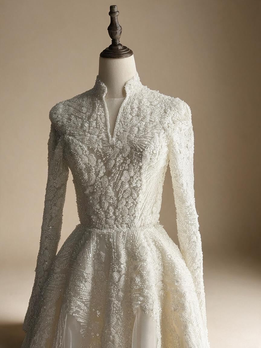 Luxury Sequin Pearl Long Sleeve Ball Gown Wedding Dress