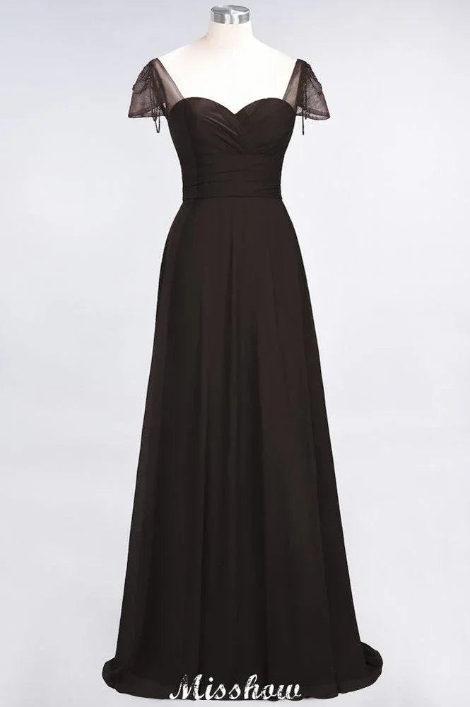 Vestido de Dama de Honra com Folhos, Mangas Curtas em Forma de Coração, Comprimento até ao Chão, com Contas Moher da Noiva