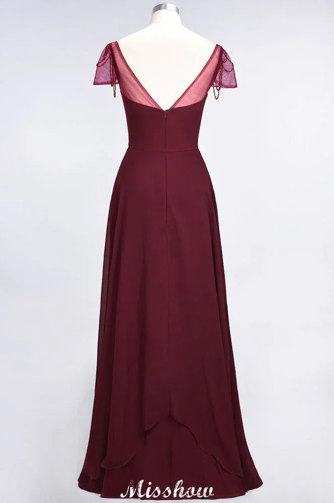 Vestido de Dama de Honra com Folhos, Mangas Curtas em Forma de Coração, Comprimento até ao Chão, com Contas Moher da Noiva
