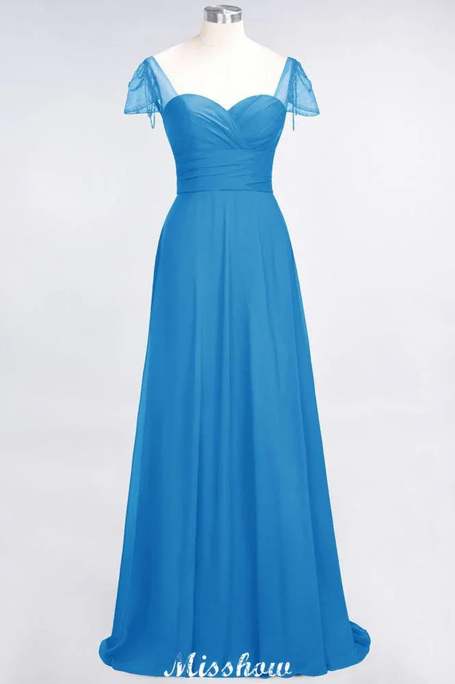 Vestido de Dama de Honra com Folhos, Mangas Curtas em Forma de Coração, Comprimento até ao Chão, com Contas Moher da Noiva