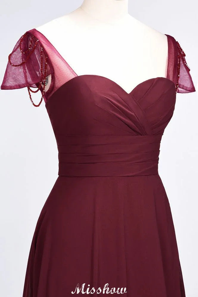 Vestido de Dama de Honra com Folhos, Mangas Curtas em Forma de Coração, Comprimento até ao Chão, com Contas Moher da Noiva