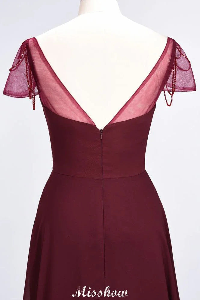 Vestido de Dama de Honra com Folhos, Mangas Curtas em Forma de Coração, Comprimento até ao Chão, com Contas Moher da Noiva