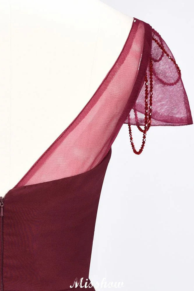 Vestido de Dama de Honra com Folhos, Mangas Curtas em Forma de Coração, Comprimento até ao Chão, com Contas Moher da Noiva