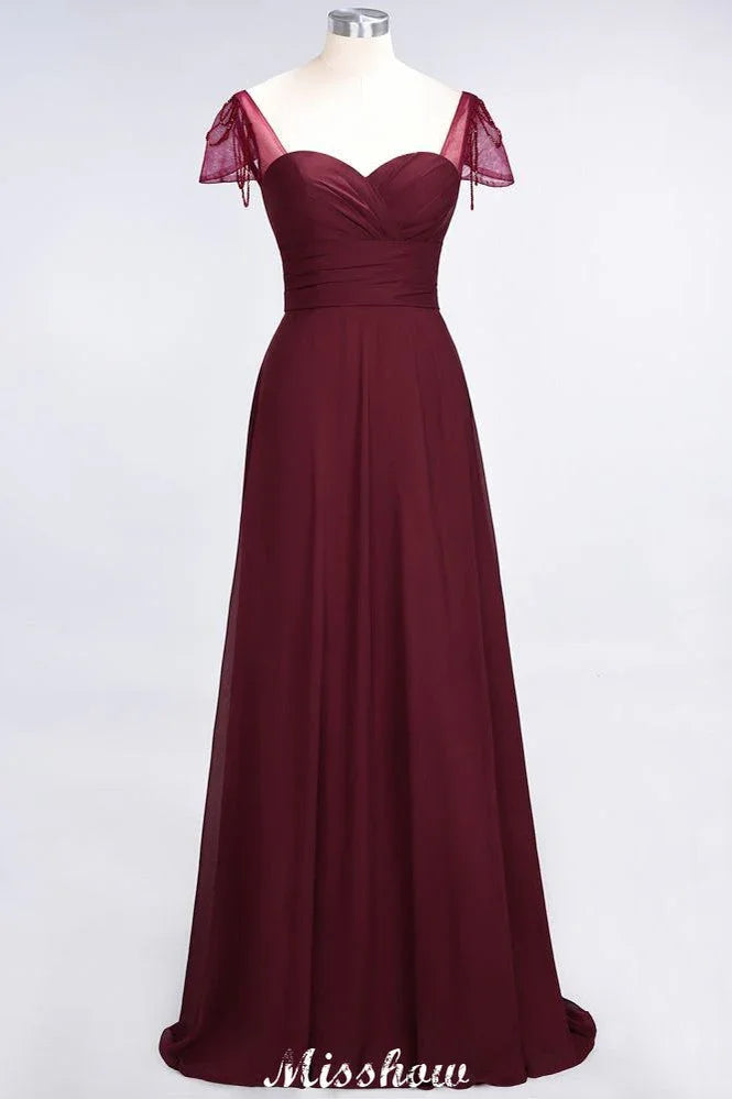 Vestido de Dama de Honra com Folhos, Mangas Curtas em Forma de Coração, Comprimento até ao Chão, com Contas Moher da Noiva