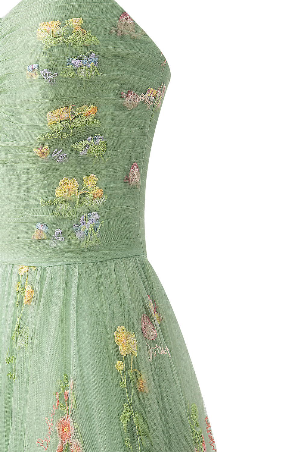 Abito da sera lungo fino al pavimento in tulle con ricamo floreale e scollo a cuore