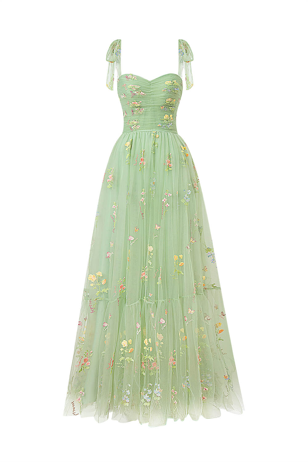 Sweetheart Neck Floor Length Tulle Embroidery Floral Prom Dress