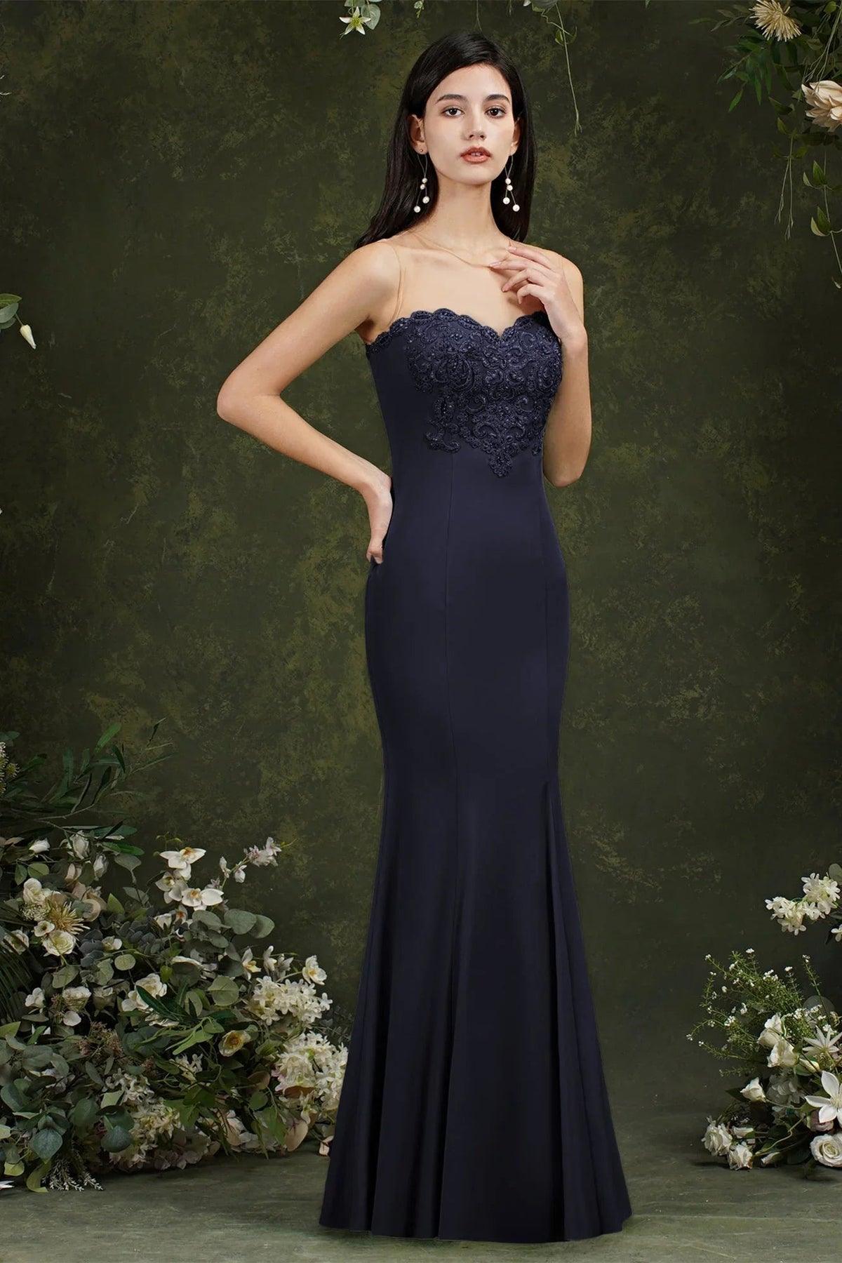 Vestido largo de gala sirena de tul con encaje floral de amor