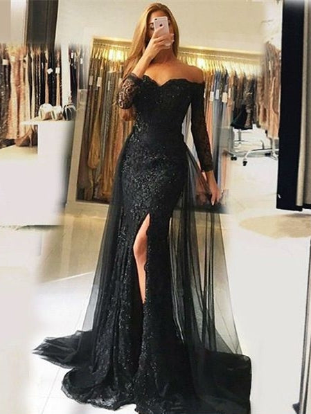 Sweetheart Lace-Appliques Front-Split Newest Long-Sleeve Mermaid Prom Dress