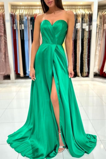 Langes grünes ärmelloses Abendkleid in A-Linie mit Herzausschnitt und Seitenschlitz