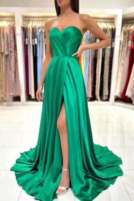 Langes grünes ärmelloses Abendkleid in A-Linie mit Herzausschnitt und Seitenschlitz