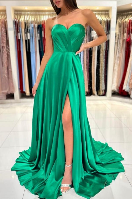Langes grünes ärmelloses Abendkleid in A-Linie mit Herzausschnitt und Seitenschlitz