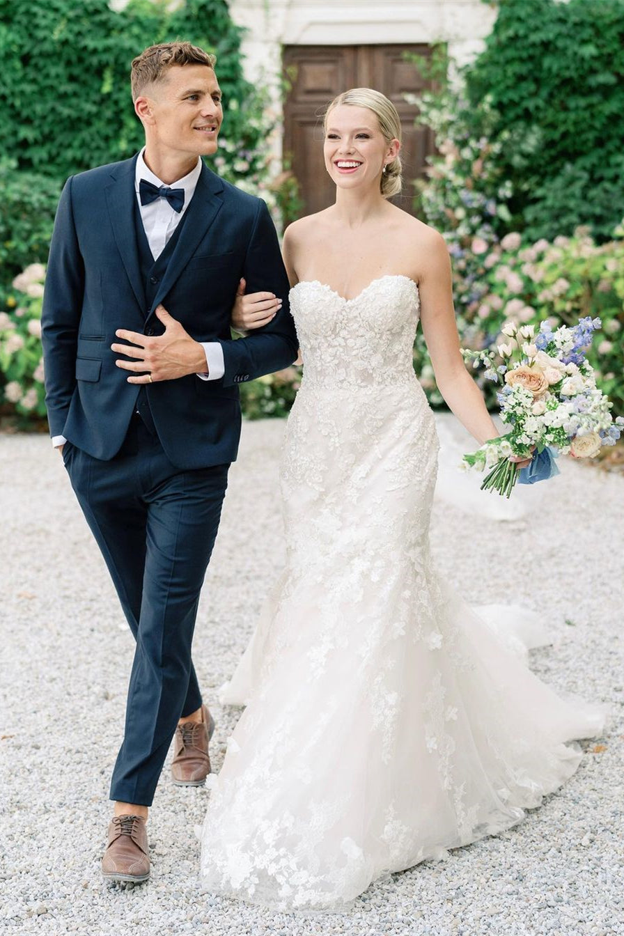 Abito da sposa senza maniche con applicazioni di tulle e pizzo a sirena dolce cuore