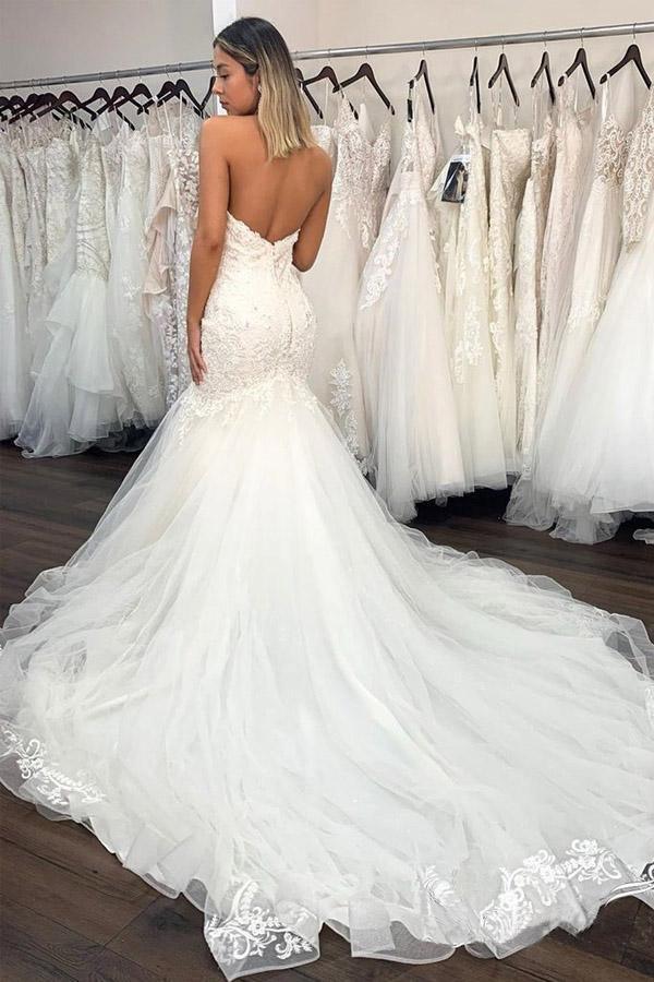 Abito da sposa sirena in pizzo sexy con scollo a cuore e balze