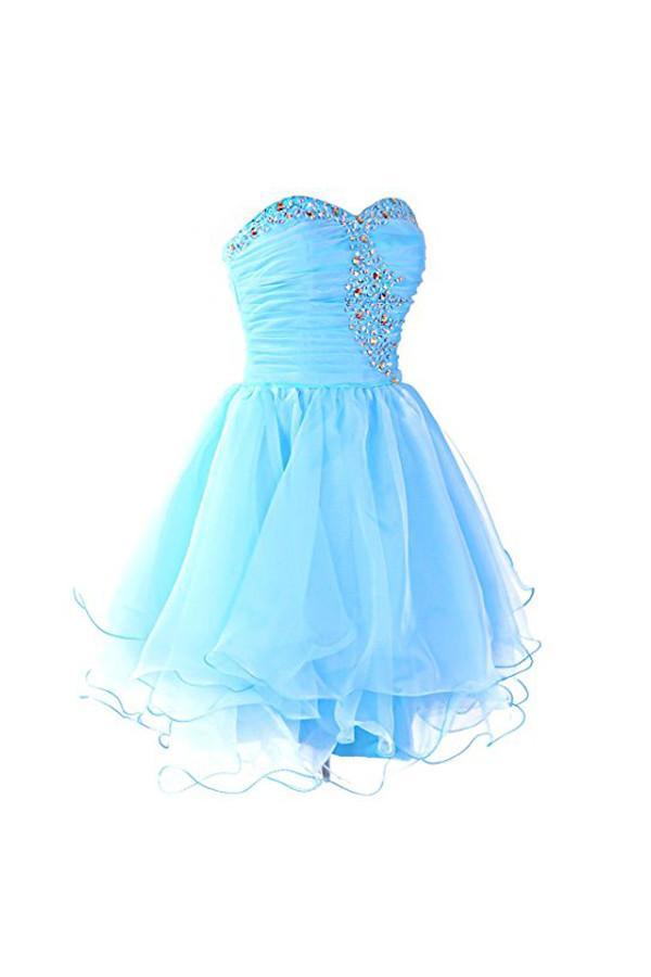 Vestidos de fiesta de organza azul con escote corazón