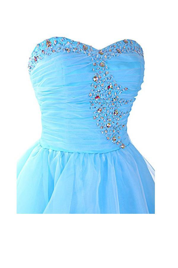 Vestidos de fiesta de organza azul con escote corazón