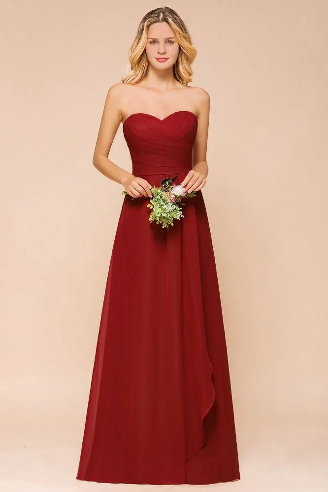 Sweetheart Red Bridesmaid Dress Chiffon Floor-Length Wedding Guest Dress backless