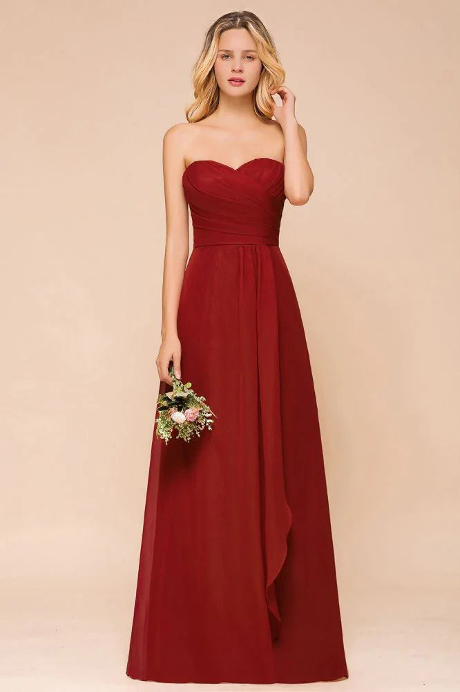 Sweetheart Red Bridesmaid Dress Chiffon Floor-Length Wedding Guest Dress backless