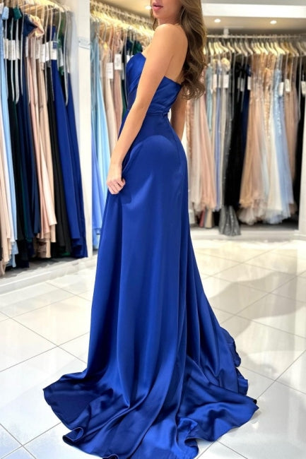 Robe de bal longue simple bleu royal sans manches avec fente pour chérie