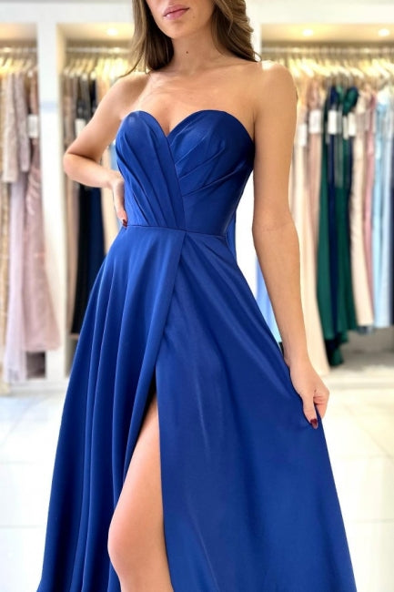 Robe de bal longue simple bleu royal sans manches avec fente pour chérie