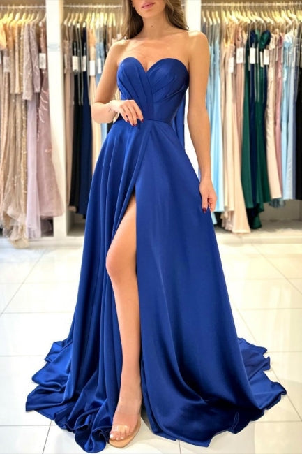 Robe de bal longue simple bleu royal sans manches avec fente pour chérie